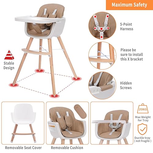 3-in-1 Convertible Wooden High Chair, High Chairs for Babies and Toddlers, Baby High Chair with Adjustable Legs & Dishwasher Safe Tray, Made of Sleek Hardwood & Premium Leatherette, Beige Color - Jamouz