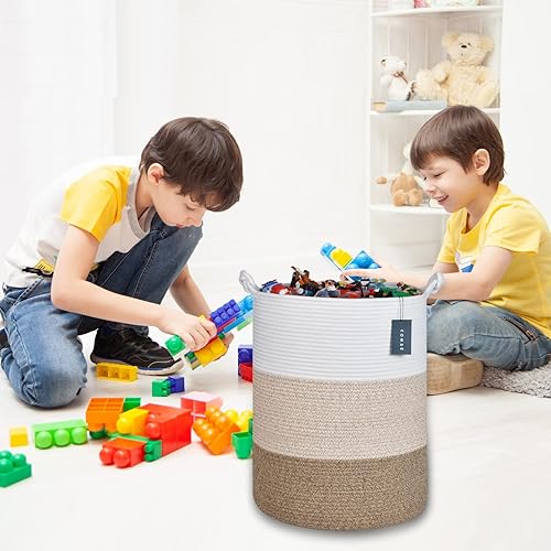 COMSE Extra Large Blanket Basket, High Storage Basket, Tall Rope Laundry Basket, 15.7”x 21.7”, Cotton Rope Basket, XXXL Laundry Basket, Toy Basket, Clothes Baskets,White/Cadet Blue/Navy Blue - Jamouz