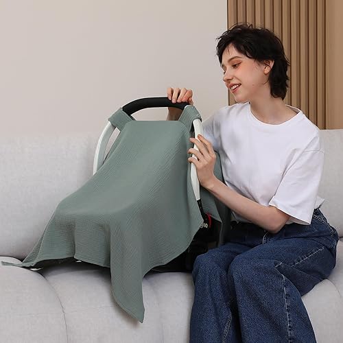 100% Muslin Cotton Car Seat Cover Baby, Carseat Canopy Cover, Universal Fit Stroller Covers for Boys and Girls (Roman Green) - Jamouz