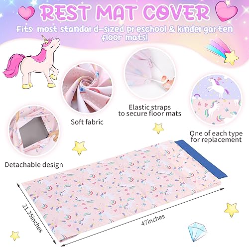 2 Pcs Unicorn Nap Mat Cover for Girls Boys Sewn in Flap Design Pastel Sleeping Kids nap mat Covers Microfiber cot Covers for Toddler Daycare Preschool Kindergarten - Jamouz