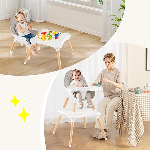 BABY JOY 5 in 1 High Chair, Convertible High Chairs for Babies and Toddlers/Booster Seat/Table and Chair Set, Infant Wooden Highchair w/ 5-Point Harness, 4-Position Removable Tray & PU Cushion, Coffee - Jamouz