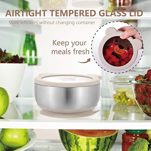 MR. CHOU Baby Bowls with Non-Slip Silicone Suction Cup, Insulated Double-Layer 304 Stainless Steel Toddler Bowls with BPA Free Airtight Lids, Food-Grade Silicone Safe for Kids (Beige) - Jamouz