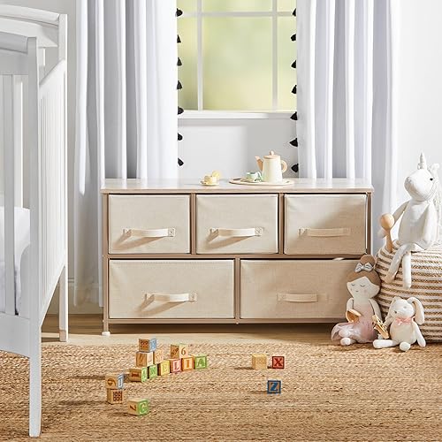 mDesign 21.65' High Steel Frame/Wood Top Storage Dresser Furniture Unit with 5 Removable Fabric Drawers - Wide Bureau Organizer for Bedroom, Living Room, Closet - Lido Collection, Cream/Gold - Jamouz