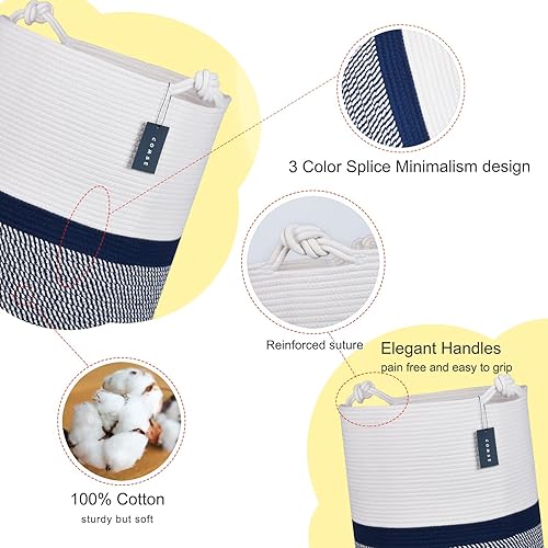 COMSE Extra Large Blanket Basket, High Storage Basket, Tall Rope Laundry Basket, 15.7”x 21.7”, Cotton Rope Basket, XXXL Laundry Basket, Toy Basket, Clothes Baskets,White/Cadet Blue/Navy Blue - Jamouz