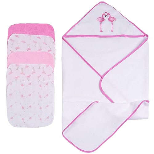 Viviland Baby Towels and Washcloths, Soft Absorbent Pink Baby Bath Towel Set, Elephant Hooded Towels with 5 Infant Face Washcloths (6 Pieces) - Jamouz