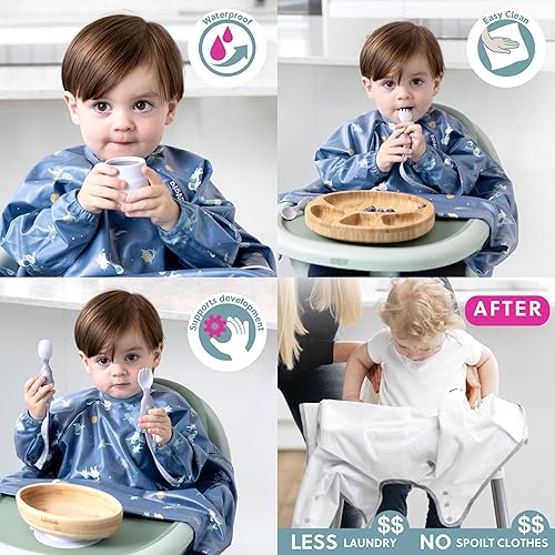BIBaDO - Long Sleeve Baby Bibs - Babies & Toddlers 6-36 Months - Coverall Baby Led Weaning Bib - Easy Wipe, Soft & Waterproof - Jamouz