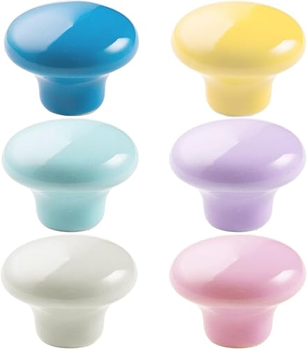 Meto Cabinet Knobs (6 Pack), Colorful Glossy Ceramic Knobs Round Mushroom Shape Lovely Door Pull Knob Cabinet Closet Ceramic Drawer Cupboard Kitchen Dresser Kids Child Bedroom Pulls Wardrobe Handles - Jamouz
