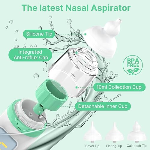 Nasal Aspirator for Baby, Electric Baby Nose Sucker with Adjustable 5 Levels Suction, Baby Nasal Aspirator with Music and Lights, Nose Sucker for Toddler with 3 Tips, Green - Jamouz