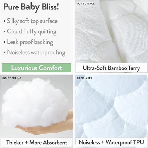 Joey + Joan Waterproof Pack and Play Mattress Pad Protector Cover – Compatible with 4moms Breeze Plus Playard, Baby Trend, Dream on Me, Pamo Babe – 2 Pack Quilted Bamboo Playard Sheets – 30' x 43' - Jamouz
