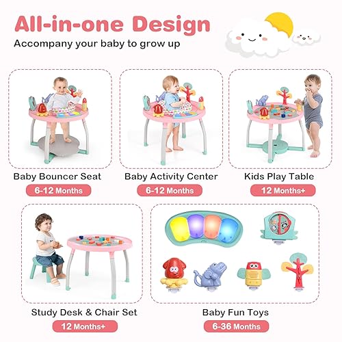 BABY JOY 5 in 1 Baby Activity Center, Baby Jumpers and Bouncers with Removable Toys, Lights & Music, 3 Adjustable Heights, Interactive Play Center for Toddlers Boys Girls 6-36 Months (Blue) - Jamouz