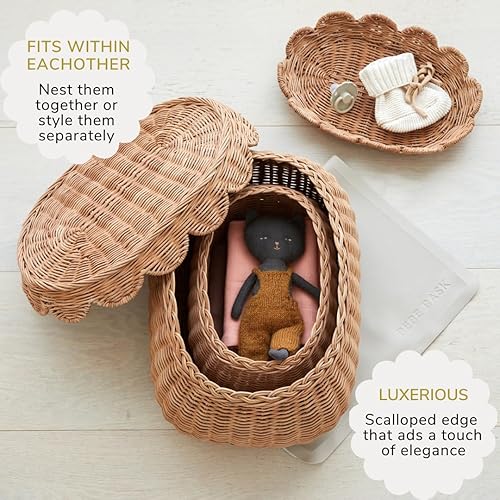 The Original Scalloped Basket Set Of 2 - Small Scallop Basket - 15 x 10 x 6 In - Hand-Woven & Award-Winning - Elegant Wicker With Scalloped Edge Lid - Nursery Storage - (Mocca) - Jamouz