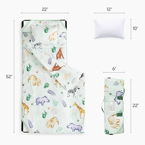 Wake In Cloud - Cot Nap Mat with Pillow and Blanket, for Toddler Kids Boys Girls in Daycare Kindergarten Preschool Pre K with Elastic Corner Straps, Cartoon Animals Trees, Light Green - Jamouz