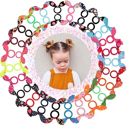 50pcs Children Hair Ties+200pcs Rubber Bands, Cute Toddler Rabbit Ear Hair Ties, Seamless No Crease Elastic Cotton Bows Ponytail Holders Hair Accessories for Baby Toddler, Kids, Teens - Jamouz