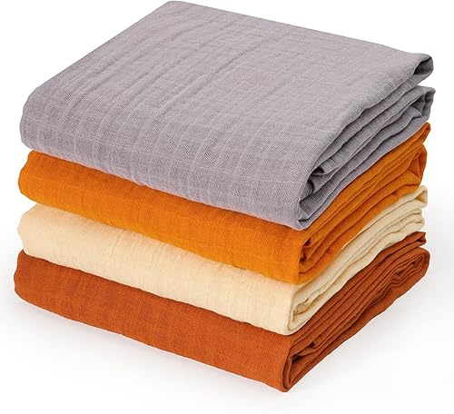 david's kids 4 Pack Baby Muslin Swaddle Blankets, 100% Cotton Swaddling Blankets Wrap for Boys Girls, Ultra Soft Breathable Receiving Blanket, New Born Essentials, Brown&Grey&Ginger&Beige - Jamouz