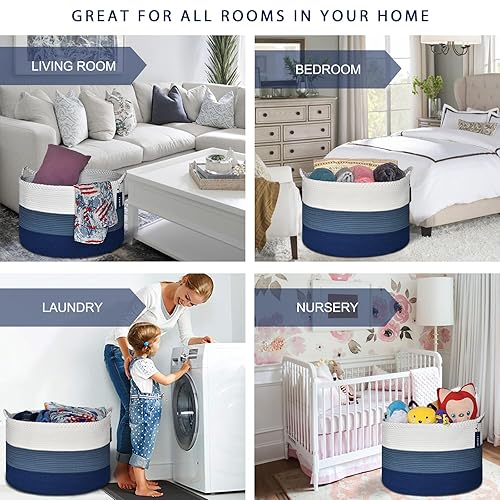 COMSE Extra Large Blanket Basket, Storage Basket, Laundry Basket, 21.7”x 13.8”, Laundry Hamper, Cotton Rope Basket, Blanket Basket Living Room, Toy Basket (White & Cadet Blue & Navy Blue) - Jamouz