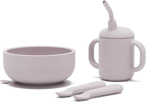 Lalo First Bites Silicone Baby Feeding Set - Baby Led Weaning Supplies - Non-Toxic Silicone - Includes 2 Bibs, 2 Spoons, Training Cup, Suction Plate and Bowl - 6 Pieces - Sage - Jamouz