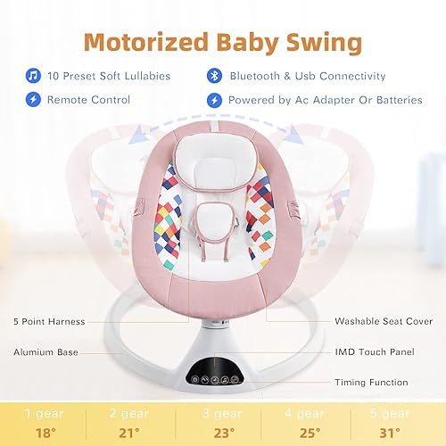 Baby Swing for Infants, Electric Portable Baby Swing for Babies, Bluetooth Touch Screen/Remote Control Timing Function 5 Swing Speeds Baby Rocker Chair with Music 5 Point Harness Pink - Jamouz