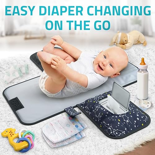 Portable Baby Diaper Changing Pad - w/Soft Built-in Pillow & Strap for Strollers - Comfortable, Lightweight & Waterproof - Made with Premium Materials - Great for Newborn Girls & Boys & for Travel - Jamouz
