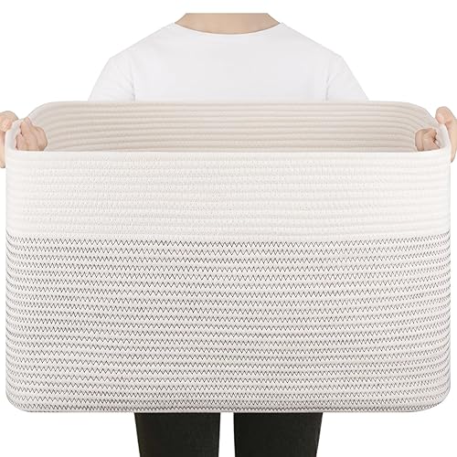 75L Large Blanket Basket, Toy Basket Bin for Kids, Cotton Rope Woven Storage Basket for Living Room, Nursery, Baby Room Decorative Organizer, 22''×17''×12'', Brown and White - Jamouz