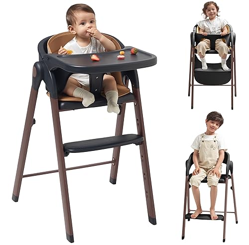 High Chair for Babies and Toddlers Adjustable Foldable Convertible 5 Point Harness Easy Clean Wood-Printed Metal with Removable Tray Baby Highchair for Family (White&Natural Wood-Printed Metal) - Jamouz
