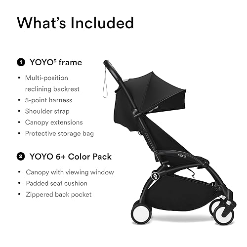 Stokke YOYO3 Stroller from 6 Months - Includes Black Frame, Seat Cushion & Canopy - Folds in & Out in a Flash - Light & Compact - Carry-On Compatible - Jamouz