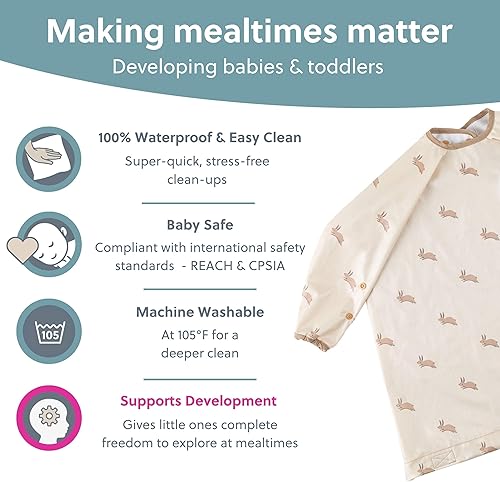 BIBaDO - Long Sleeve Baby Bibs - Babies & Toddlers 6-36 Months - Coverall Baby Led Weaning Bib - Easy Wipe, Soft & Waterproof - Jamouz