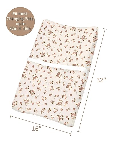 Changing Pad Cover for Baby Boy Girl 2 Pack, Muslin Changing Table Pad Covers with Boho Style, Neutral Nursery Bedding Essentials Soft and Breathable(Dusty Rose & Flower-A) - Jamouz