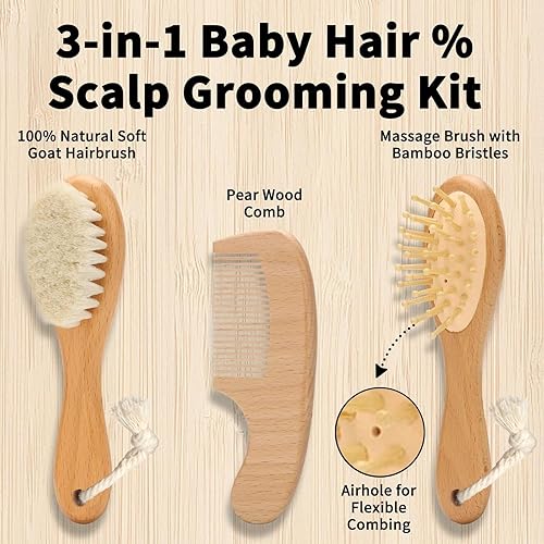 Goat Baby Hair Brush Set, Wooden Comb Massage Scalp Comb, Safe Natural Hair Care Kit, Soft Silicone Bath Brush for Newborns Toddlers (Brush Set+ Green Massager) - Jamouz