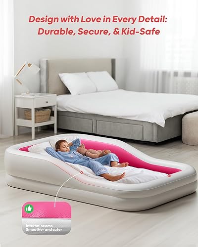 QPAU Larger Inflatable Toddler Travel Bed, Portable Kids Air Mattress with Built-in Bumpers, Fast Electric Pump, Separate Mattress Design, for Home, Grandma's, Camping, and Vacation, Grey - Jamouz