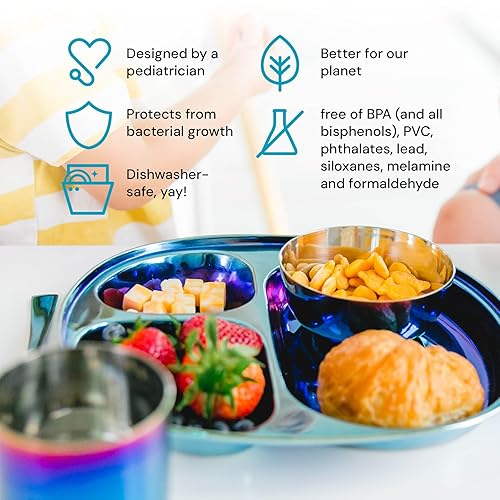 Ahimsa Stainless Steel Kids Dinnerware Set - 5 Piece Stainless Steel Toddler Plates and Bowls Set, Pediatrician Designed, Non Toxic Toddler Plate and Bowl, Kids Utensils and Cup (Rainbow) - Jamouz