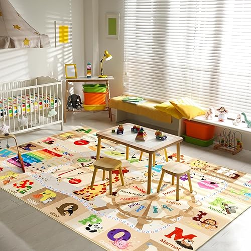 Large Playroom Rug Daycare Kids Rug 7x10,Educational and Fun Nursery Rug with ABC Alphabet Animals Classroom Rug Washable Kids Play Mat Baby Toddler Children Girls Rugs for Bedroom,Beige - Jamouz