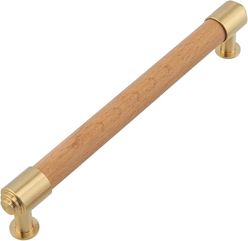 Modern Mid Century Brass and Wood Cabinet Pulls 3 Inch Center to Center Hole 4Pack Kitchen Drawer Handle Unfinished Dresser Knob for Closet Cupboard Wardrobe Brushed Finish - Jamouz