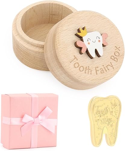 WALLFID Tooth Fairy Box for Lost Teeth For Kids,Wooden Tooth Box Cute 3D Tooth Storage Box Tooth Keepsake Box with Tooth Fairy Coin,Gift box(Toothed coin) - Jamouz