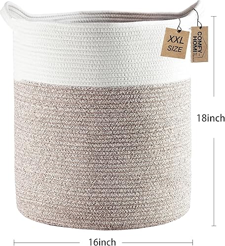COMFY-HOMI XXL Large Laundry Basket with Handles Blanket Baskets Living Room|Woven Cotton Rope Decorative Basket Laundry Hamper Baby Basket Nursery Dog Toy Storage Organizer Bin-16”x18”-White Grey - Jamouz