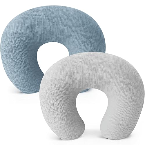 Konssy Muslin Nursing Pillow Covers, Soft and Cute Nursing Covers for Breastfeeding Pillows, Ideal for Newborn Baby Boys and Girls (Fog Green, Cream) - 2 Pack - Jamouz