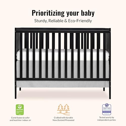 Synergy 5-In-1 Convertible Crib In White, made of New Zealand Pine wood, JPMA & Greenguard Gold Certified, features 3 mattress height settings - Jamouz