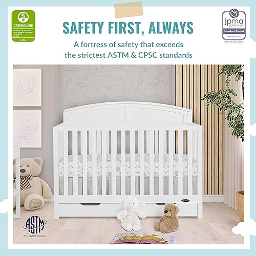 Storybrooke 5 in 1 Convertible Crib with Under Drawer in Pebble Grey, JPMA & Greenguard Gold Certified, Made of Sustainable Pinewood, Non-Toxic Water-Based Paint Finish - Jamouz