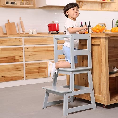 SDADI Kids Kitchen Step Stool Holds up to 150 Pounds with Safety Rail, White - Jamouz