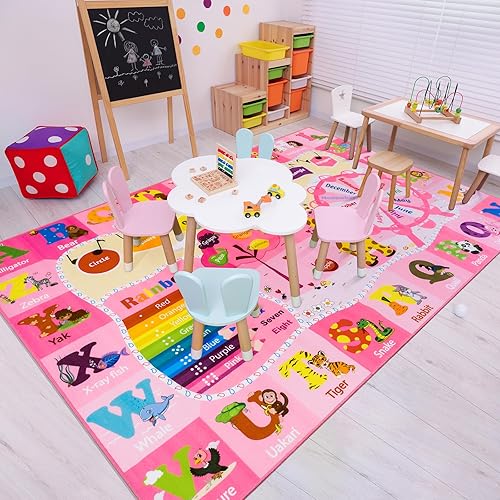 Large Playroom Rug Daycare Kids Rug 7x10,Educational and Fun Nursery Rug with ABC Alphabet Animals Classroom Rug Washable Kids Play Mat Baby Toddler Children Girls Rugs for Bedroom,Beige - Jamouz