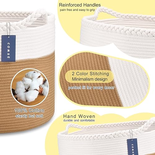 COMSE Extra Large Blanket Basket, Storage Basket, Laundry Basket, 21.7”x 13.8”, Laundry Hamper, Cotton Rope Basket, Blanket Basket Living Room, Toy Basket (White & Cadet Blue & Navy Blue) - Jamouz