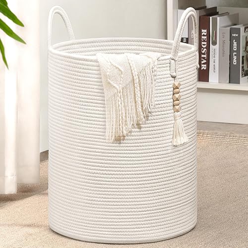 Goodpick Tall Wicker Laundry Basket with Handles, Boho Decorative Storage Basket for Living Room, Bedroom, Entryway, Bathroom, Large Woven Blanket Basket for Pillows, Towels, Shoes, Jute, 16' x 20' - Jamouz