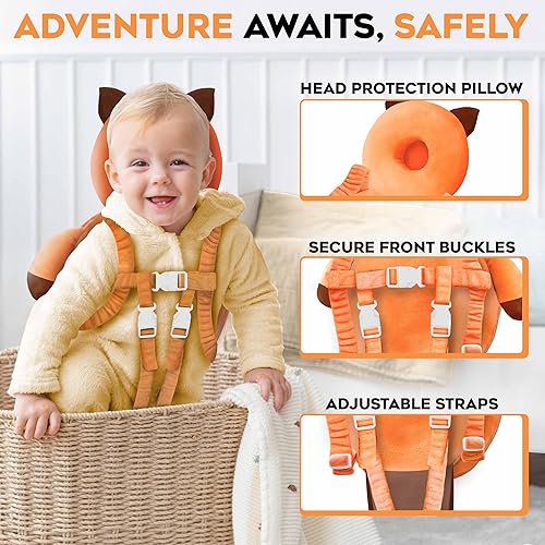 Baby Head Protector Backpack, 100% Cotton Non-Toxic Hypoallergenic Baby Backpack Head Protection Pillow, Full Head Coverage, Baby Head Pillow for Falling, Secure, Durable, Fox (Orange) - Jamouz