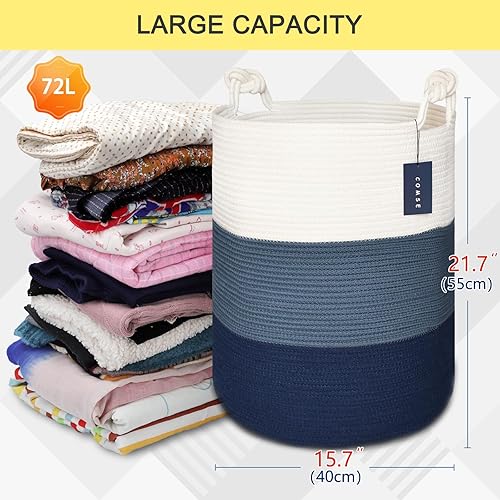 COMSE Extra Large Blanket Basket, High Storage Basket, Tall Rope Laundry Basket, 15.7”x 21.7”, Cotton Rope Basket, XXXL Laundry Basket, Toy Basket, Clothes Baskets,White/Cadet Blue/Navy Blue - Jamouz