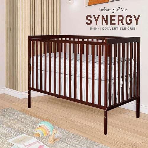 Synergy 5-In-1 Convertible Crib In White, made of New Zealand Pine wood, JPMA & Greenguard Gold Certified, features 3 mattress height settings - Jamouz