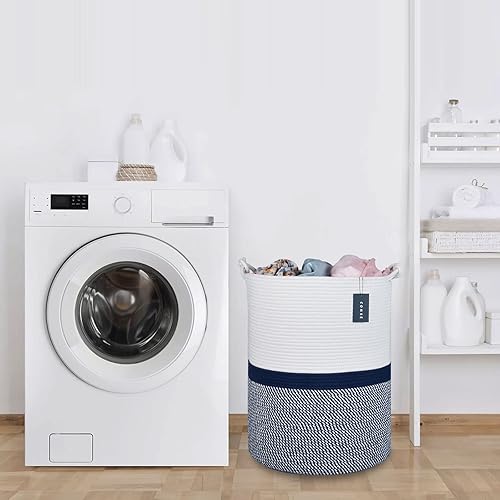 COMSE Extra Large Blanket Basket, High Storage Basket, Tall Rope Laundry Basket, 15.7”x 21.7”, Cotton Rope Basket, XXXL Laundry Basket, Toy Basket, Clothes Baskets,White/Cadet Blue/Navy Blue - Jamouz