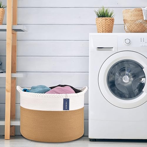 COMSE Extra Large Blanket Basket, Storage Basket, Laundry Basket, 21.7”x 13.8”, Laundry Hamper, Cotton Rope Basket, Blanket Basket Living Room, Toy Basket (White & Cadet Blue & Navy Blue) - Jamouz
