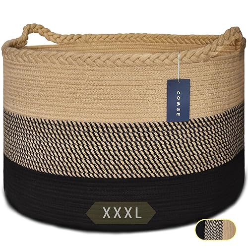 COMSE Extra Large Blanket Basket, Storage Basket, Laundry Basket, 21.7”x 13.8”, Laundry Hamper, Cotton Rope Basket, Blanket Basket Living Room, Toy Basket (White & Cadet Blue & Navy Blue) - Jamouz