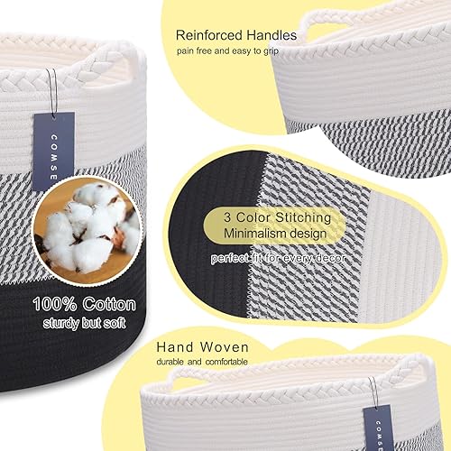 COMSE Extra Large Blanket Basket, Storage Basket, Laundry Basket, 21.7”x 13.8”, Laundry Hamper, Cotton Rope Basket, Blanket Basket Living Room, Toy Basket (White & Cadet Blue & Navy Blue) - Jamouz