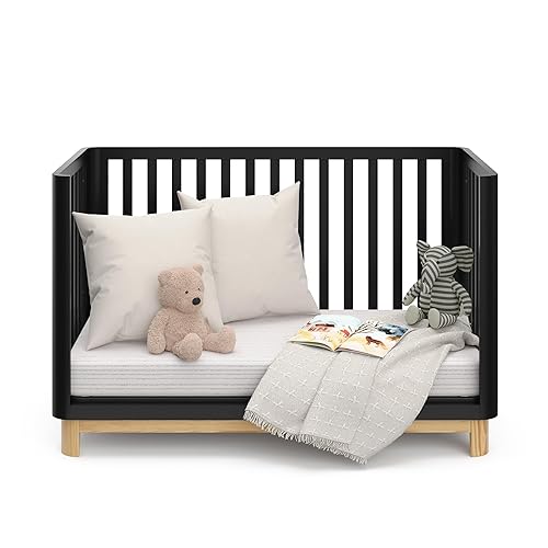 Storkcraft Santos 3-in-1 Convertible Crib (White with Natural) – GREENGUARD Gold Certified, Fits Standard Crib Mattress, Converts to Toddler Bed, Modern Style, Rounded Designer Details - Jamouz