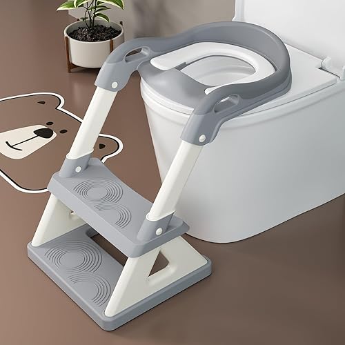 Potty Training Toilet Seat with Step Stool Ladder, Detachable Triangular Stabilized Base 2-IN-1 Toddler Toilet Seat with Splash Guard, Anti-Slip Pad, and Step Stool (Elegant Grey) - Jamouz